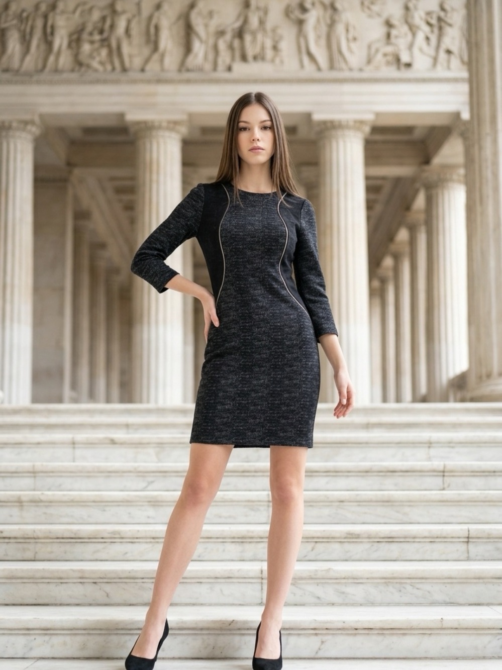 Elegant Black Midi Sheath Dress with Contour Piping